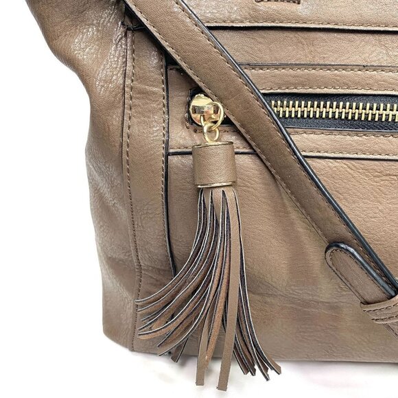 MODA LUXE Faux Leather Satchel with Tassel Brown/Gold Polka Dot Lining - Picture 4 of 12